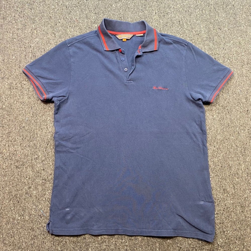 Ben Sherman Polo Shirt Sz M Mens Blue Orange Heritage Mod Tipped Pique Logo